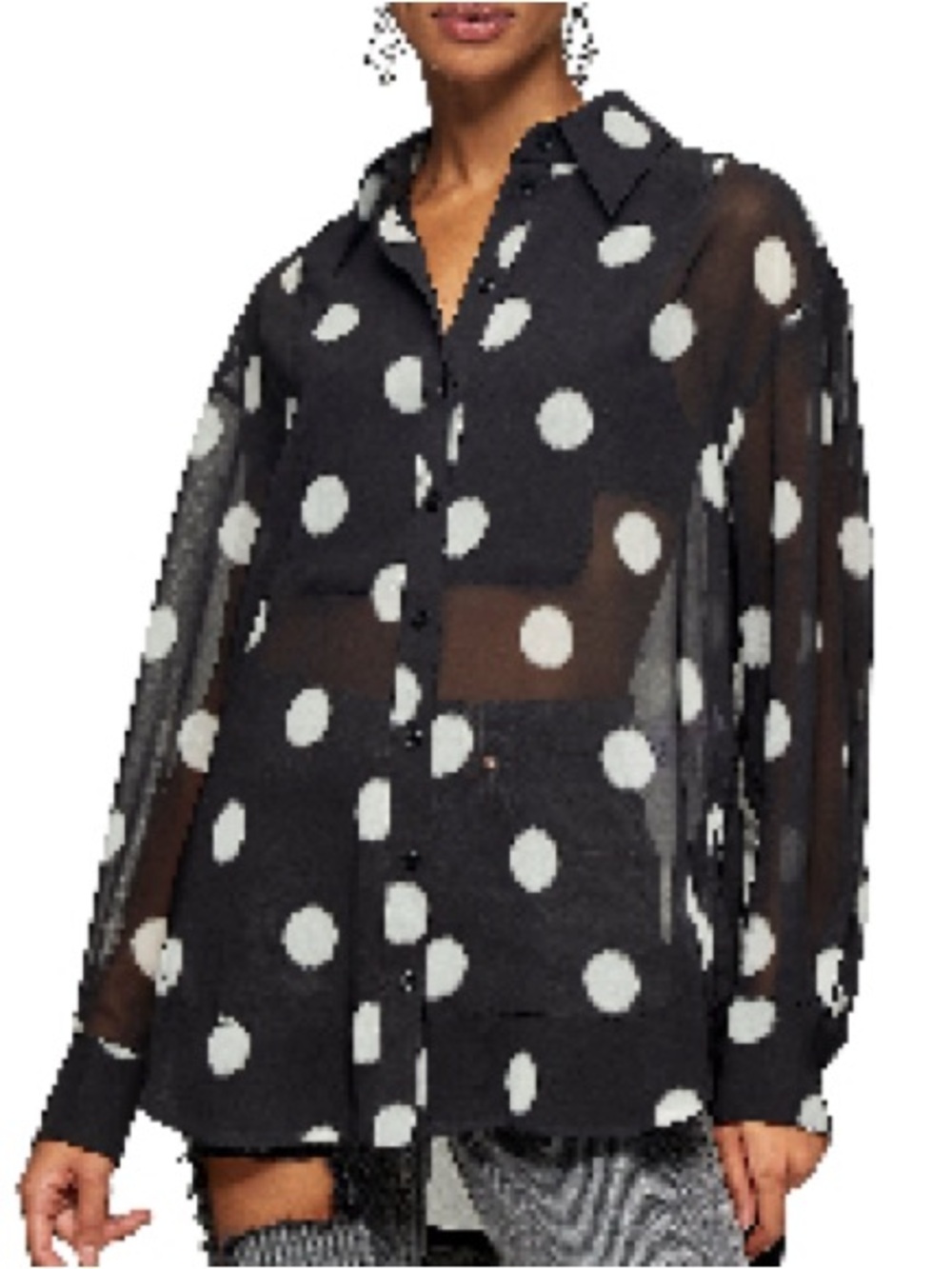 Topshop Oversized Black & White Sheer Polka Dot Button Up Shirt SZ 4 On Trend